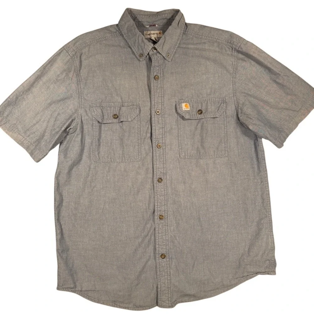 Carhartt Relaxed Fit Short Sleeve Button Down Shirt Large Mens Blue Chambray